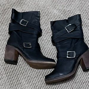 Dollhouse Shoes Black High Heeled Mid Calf Moto Boots
